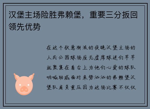 汉堡主场险胜弗赖堡，重要三分扳回领先优势