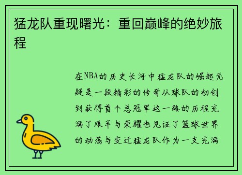 猛龙队重现曙光：重回巅峰的绝妙旅程