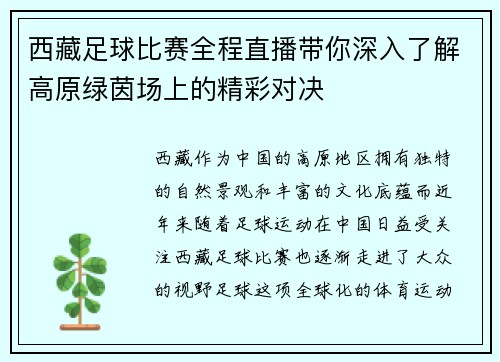 西藏足球比赛全程直播带你深入了解高原绿茵场上的精彩对决